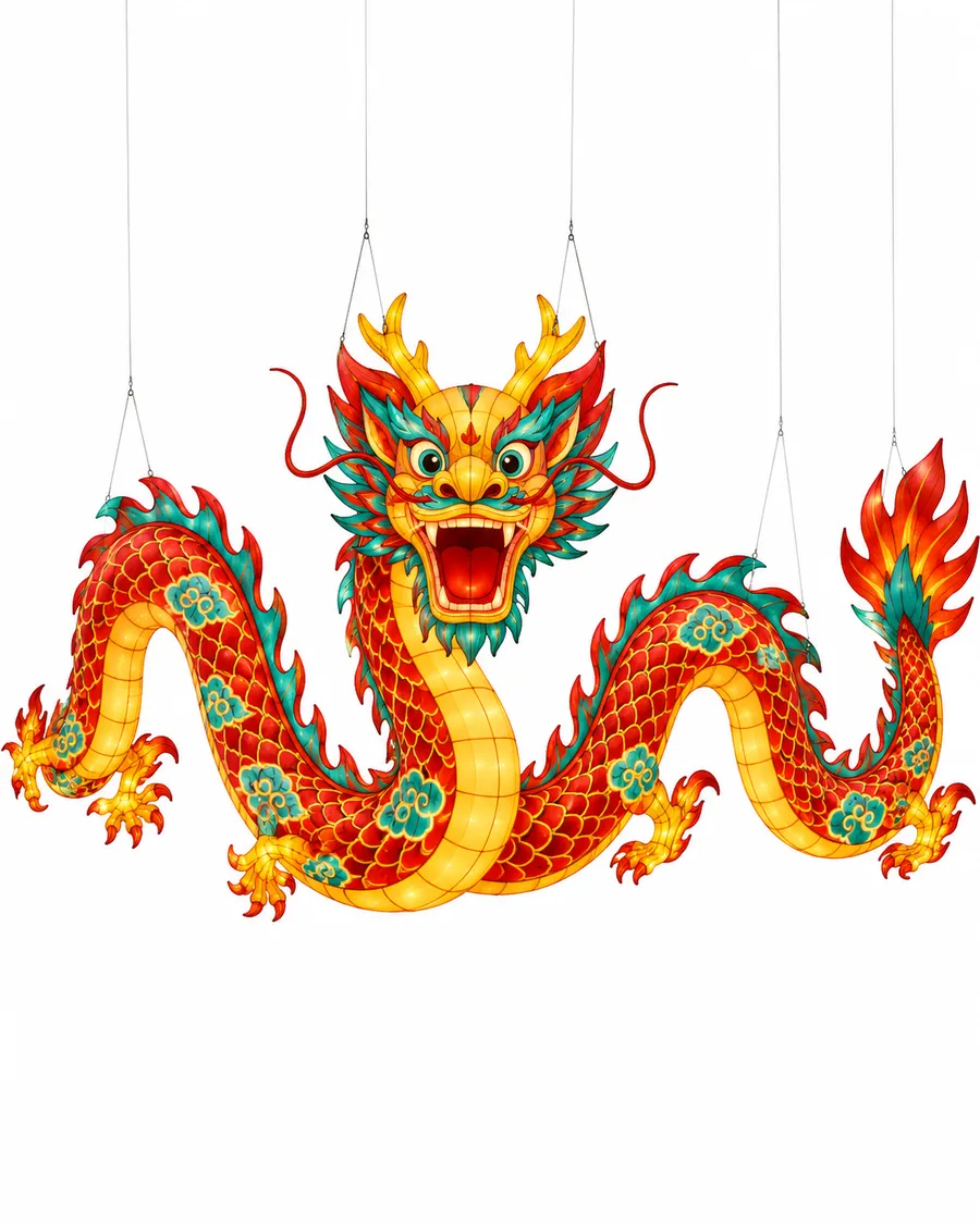 Imagen de referencia generada con inteligencia artificial: dragón chino luminoso suspendido, con el cuerpo formado por paños de tela iluminados desde dentro