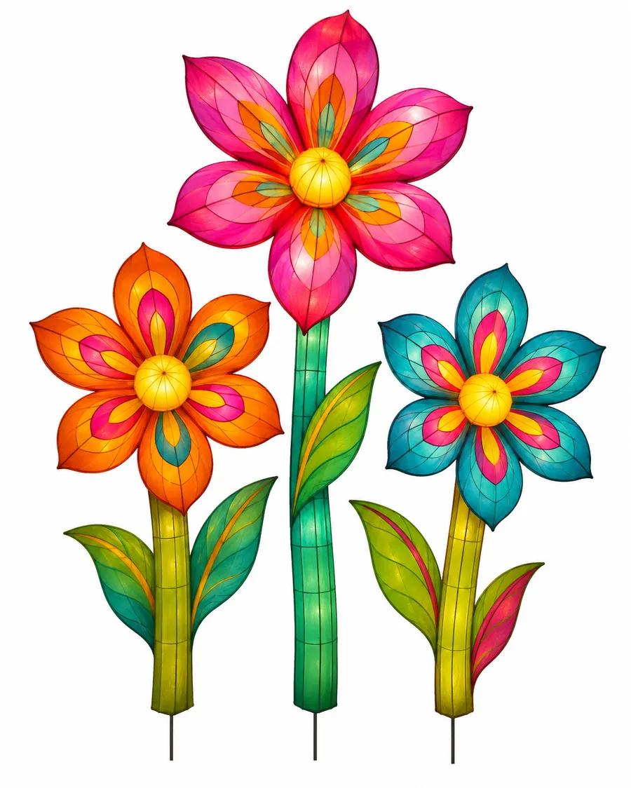 Imagen de referencia generada con inteligencia artificial: tres flores luminosas de gran formato de alturas distintas, clavadas en el suelo