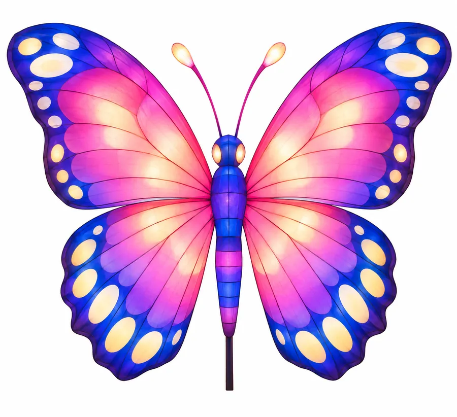 Imagen de referencia generada con inteligencia artificial: mariposa luminosa de gran formato con las alas abiertas en degradado de rosa, violeta y azul