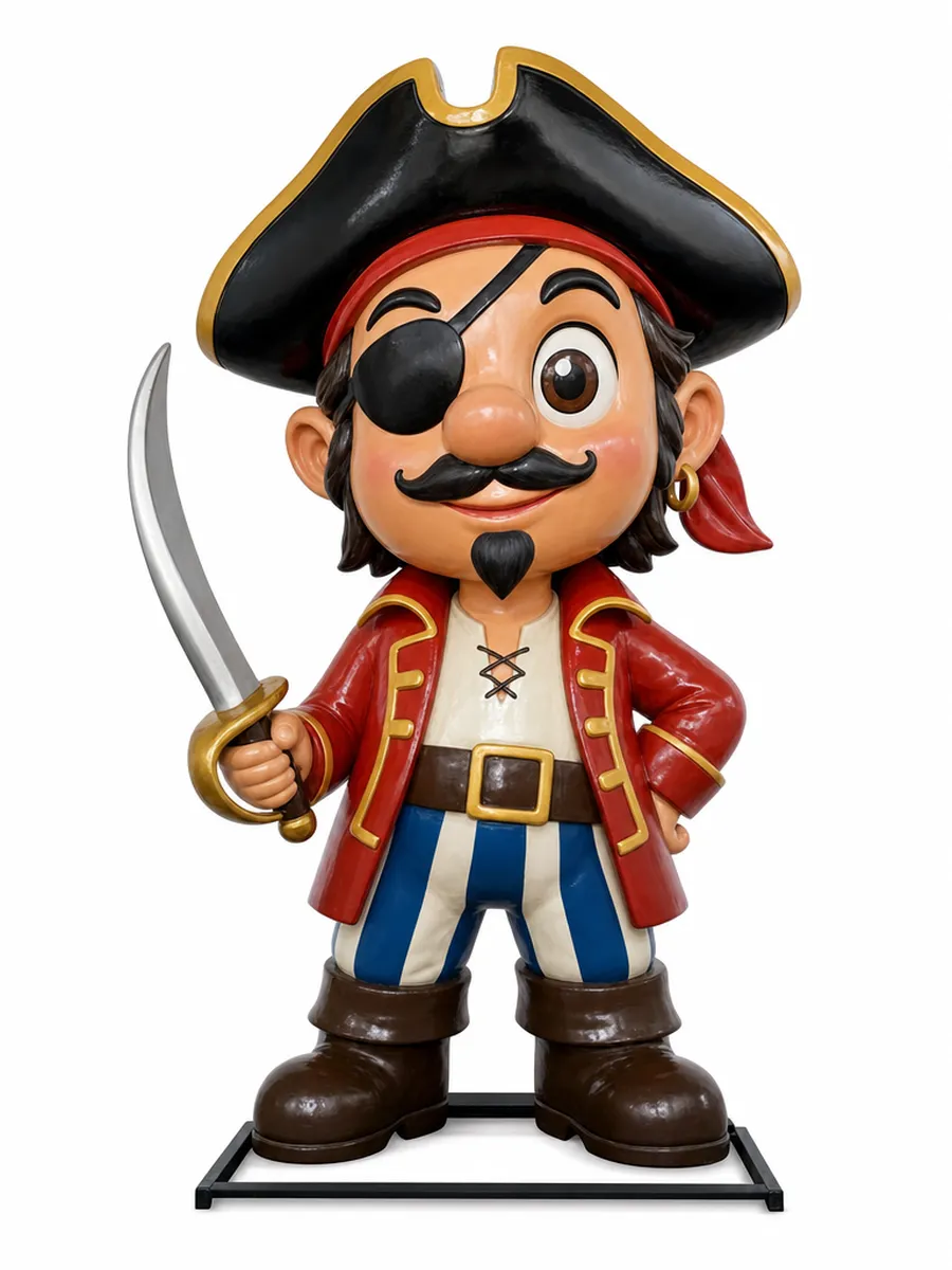 Imagen de referencia generada con inteligencia artificial: escultura de fibra de vidrio de un pirata con sombrero de tres picos, parche y sable, sobre un bastidor metálico negro