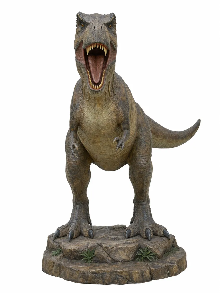 Imagen de referencia generada con inteligencia artificial: Tyrannosaurus rex animatrónico de gran formato sobre una base de roca, con la piel escamada y opaca