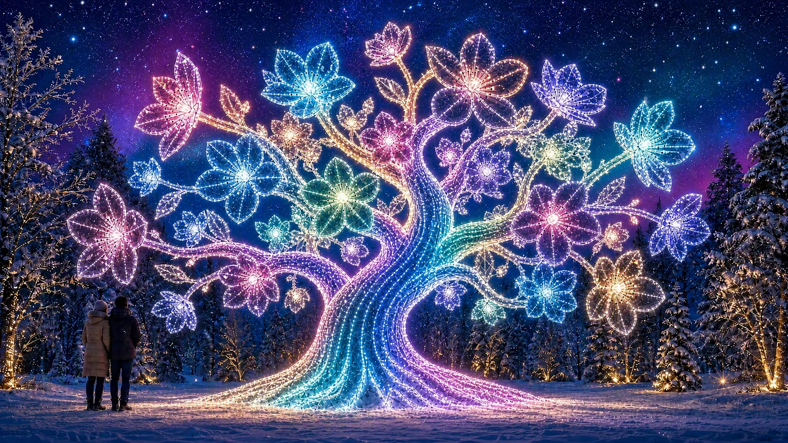 Imagen de concepto generada por ordenador: árbol floral. Árbol de gran formato con flores de luz de distintos colores en la copa. Es la pieza más alta del conjunto y funciona como final de recorrido.