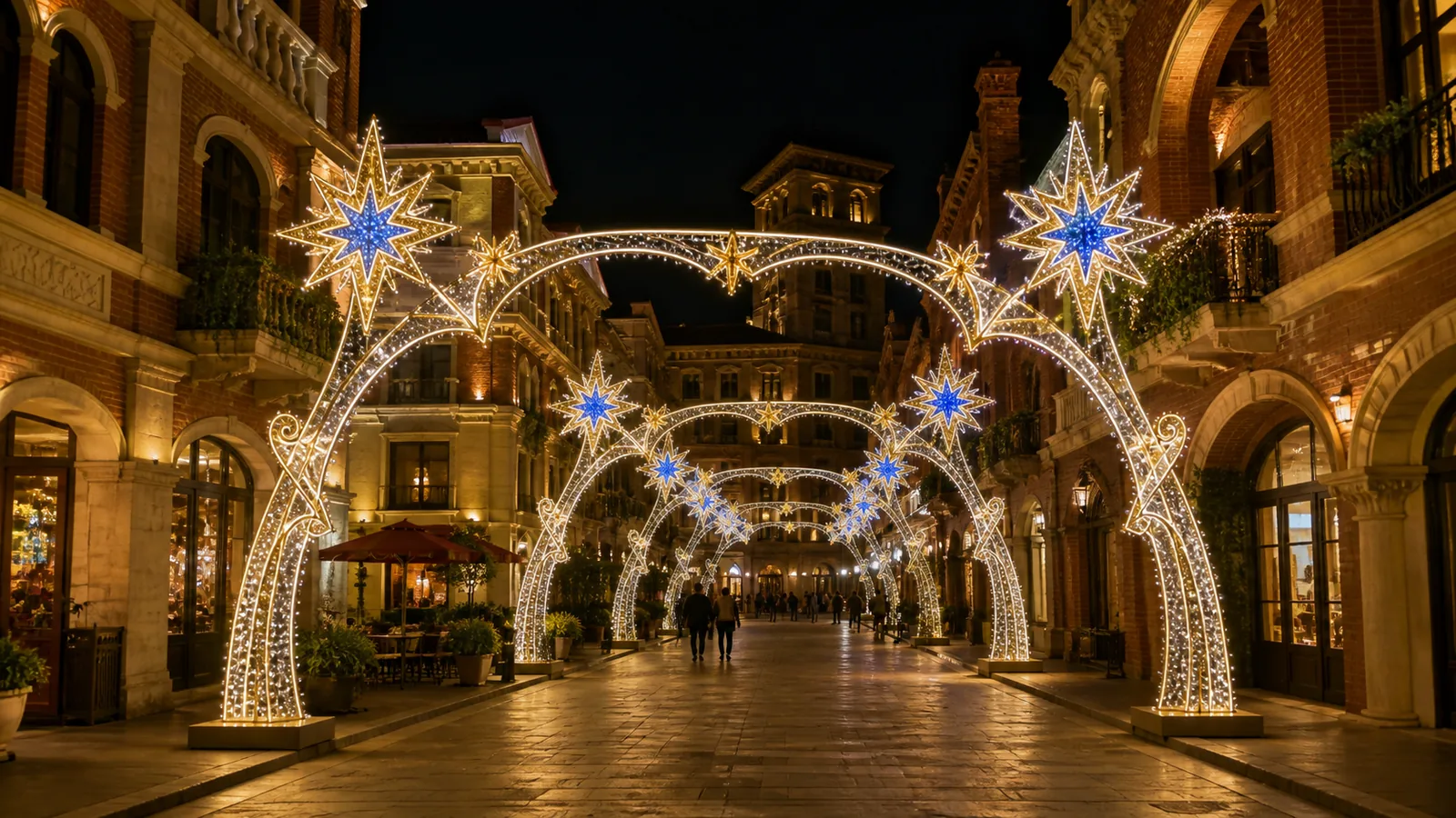Imagen de concepto generada por ordenador: arcada de estrellas. Arcos alineados uno detrás de otro que forman un túnel de luz sobre el pavimento. Cuantos más se ponen, más largo es el recorrido.
