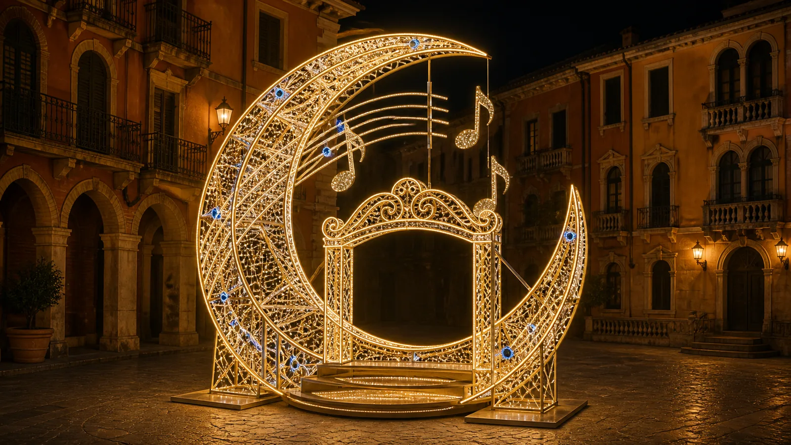 Imagen de concepto generada por ordenador: arco de luna. Luna creciente calada montada sobre dos pies con placas de base. Funciona como paso y como punto de fotografía.