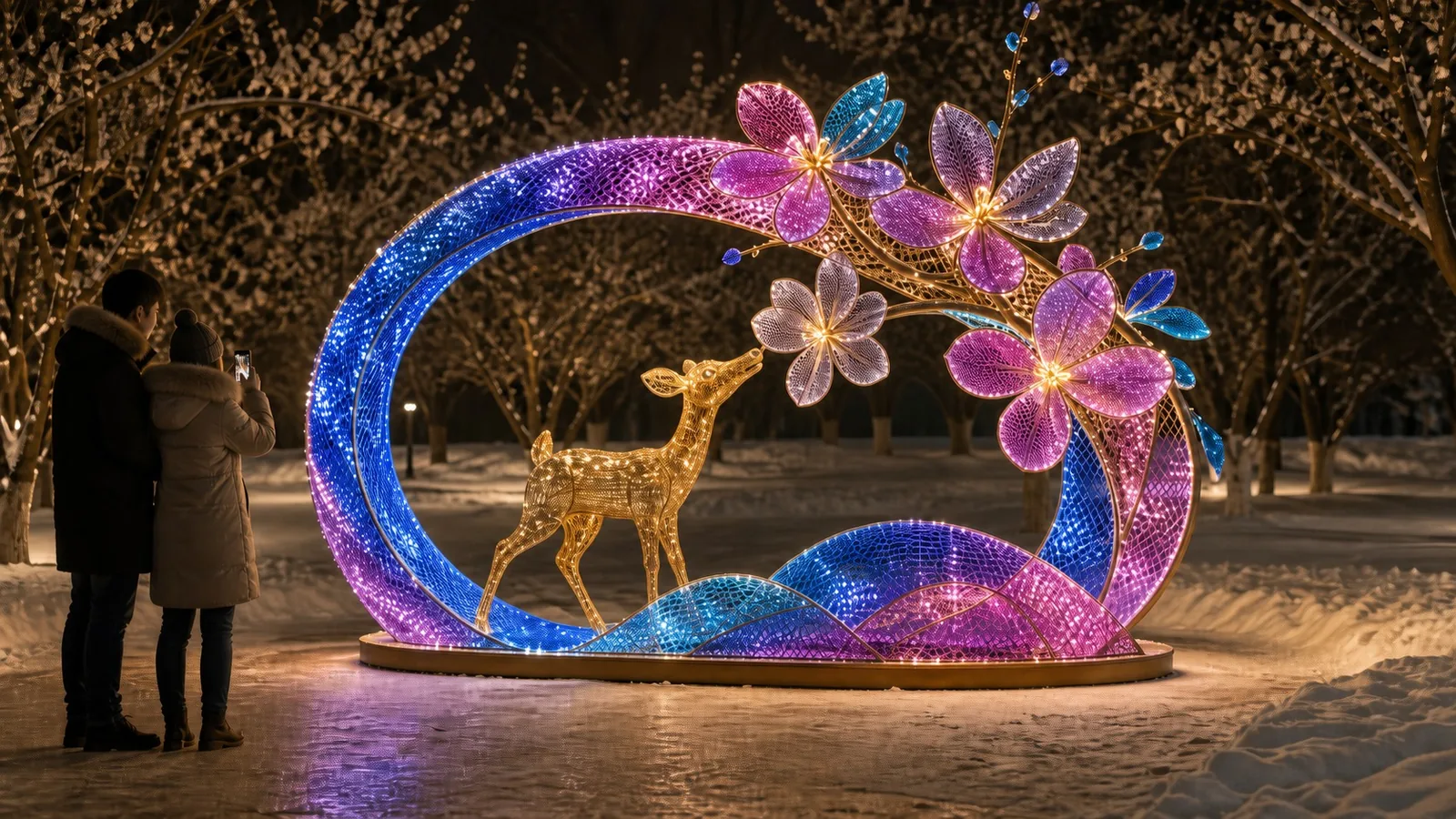Imagen de concepto generada por ordenador: aro floral. Aro de gran diámetro revestido de flores con un cervatillo en el centro. Es una pieza de fotografía: la gente se coloca dentro.
