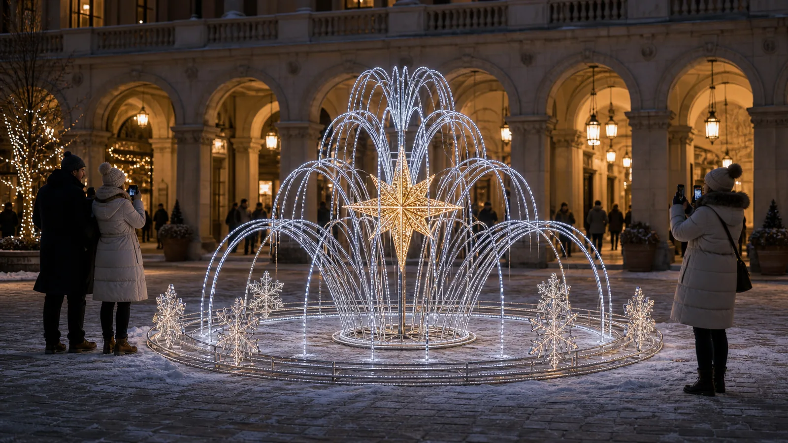 Imagen de concepto generada por ordenador: fuente de luz. Chorros curvos de tubo blanco que caen desde un remate en estrella. Imita una fuente sin necesitar agua ni instalación hidráulica.