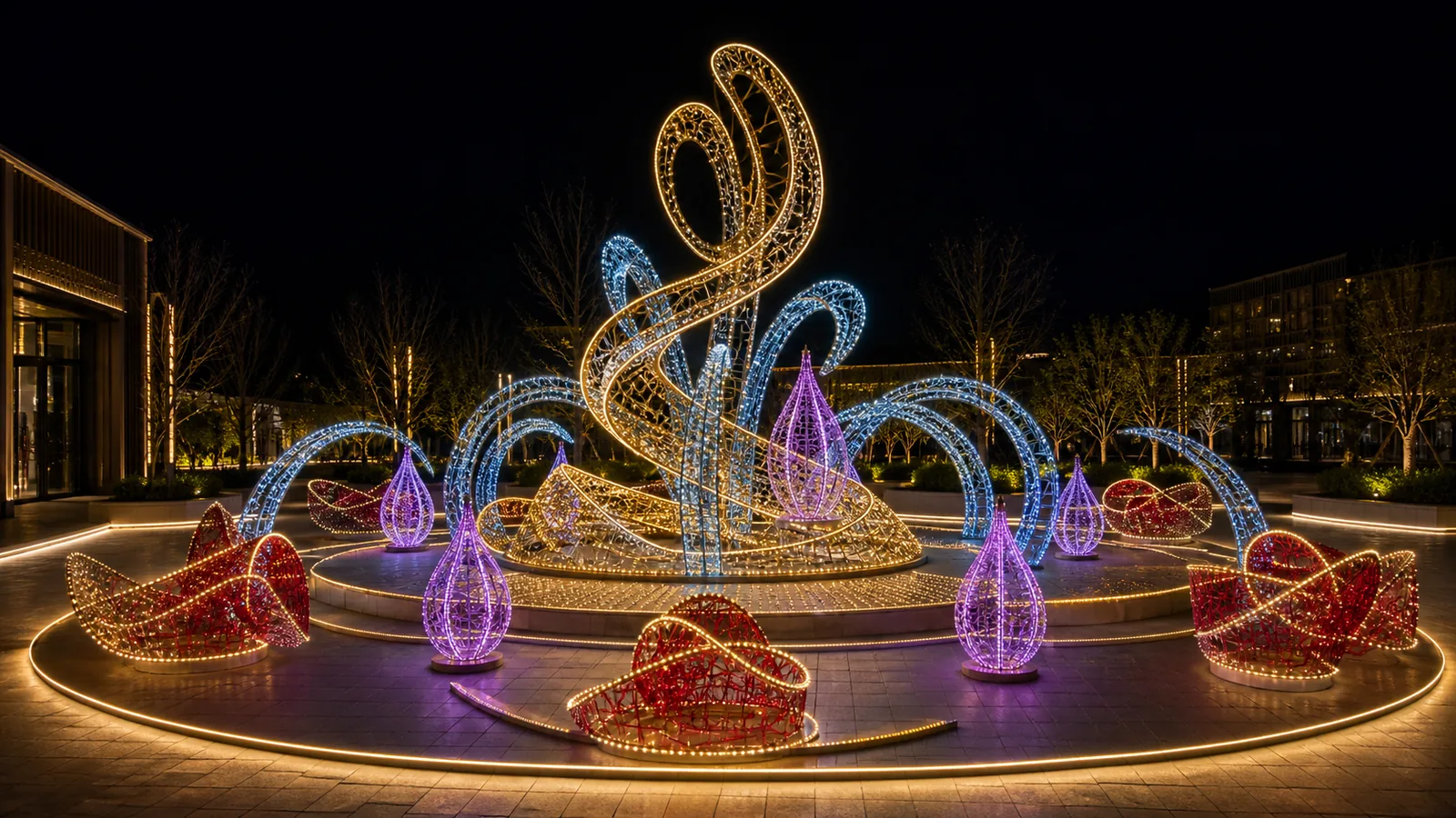 Imagen de concepto generada por ordenador: jardín luminoso. Conjunto de flores y tallos de luz de distintas alturas que ocupa una superficie amplia. Se puede montar en corro o en recorrido.