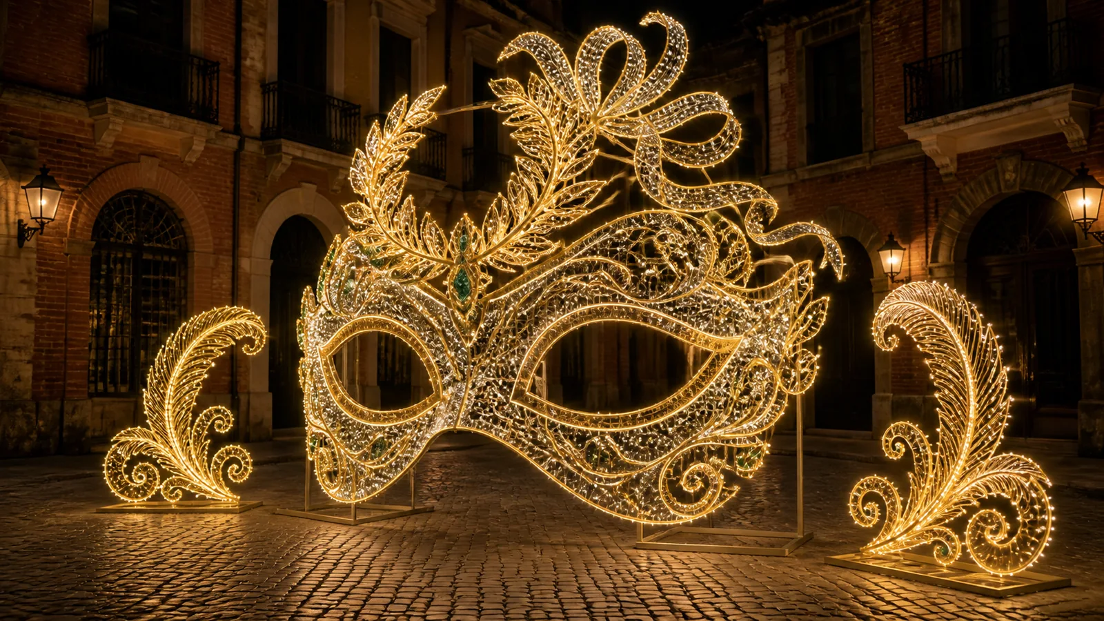 Imagen de concepto generada por ordenador: máscara veneciana. Máscara de carnaval de gran tamaño montada en vertical. Encaja tanto en Navidad como en fiestas de invierno.