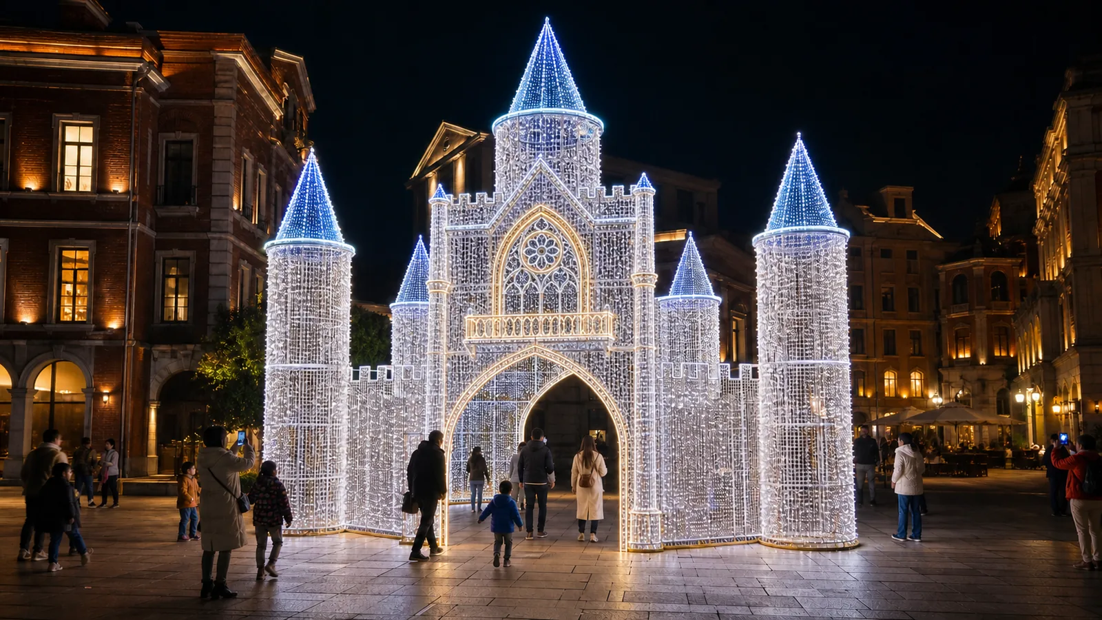 Imagen de concepto generada por ordenador: portada de castillo. Fachada completa de castillo en luz blanca con agujas cónicas azules, torres, almenas y rosetón. El arco central es transitable y ordena la entrada a toda la zona.