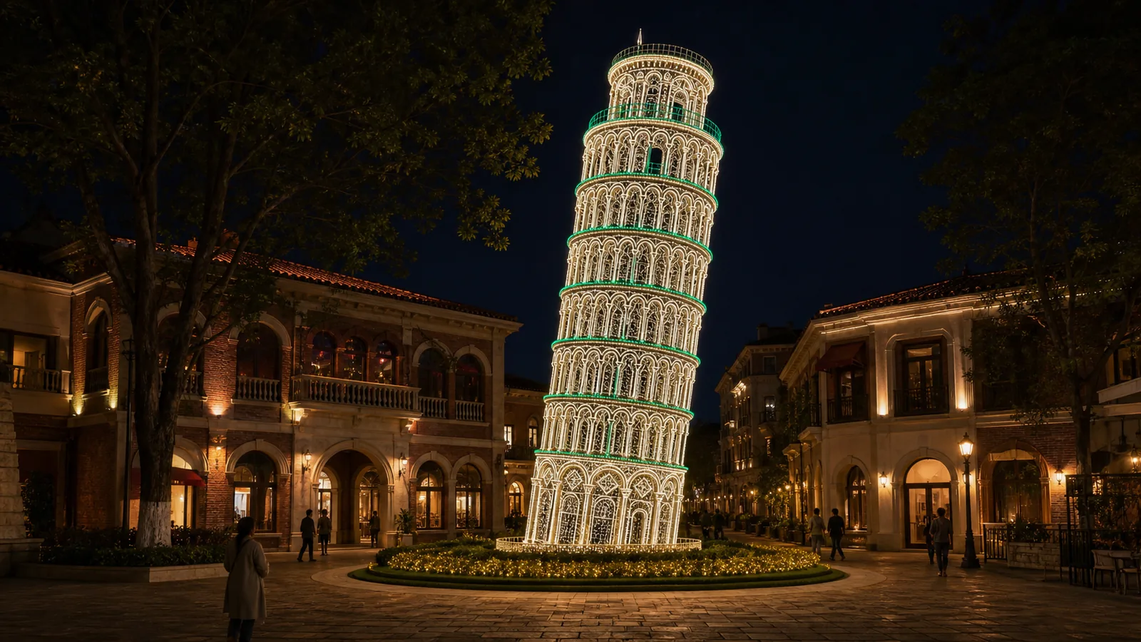 Imagen de concepto generada por ordenador: torre inclinada. Campanario de varios cuerpos superpuestos, con la inclinación característica. Es una pieza alta, pensada para verse desde lejos.