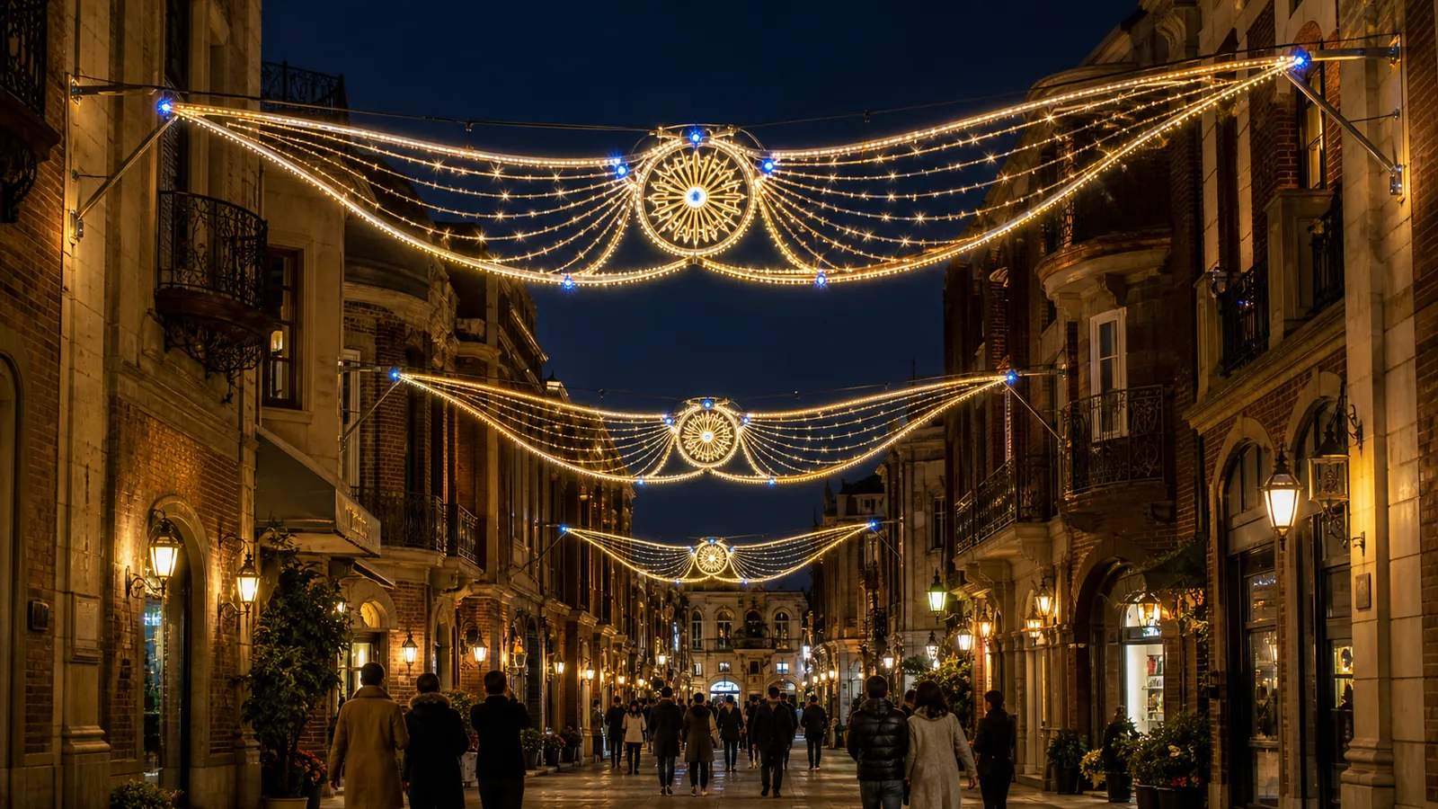 Imagen de concepto generada por ordenador: travesía con roseta. Tres tramos que atraviesan la calle en sentido transversal, con una roseta iluminada en el centro de cada uno.