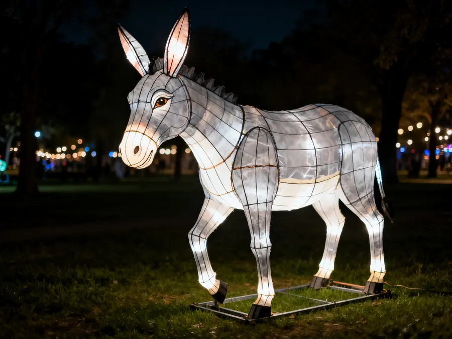 Burro luminoso LED a tamaño real iluminado en un parque nocturno