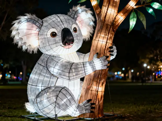 Koala luminoso LED abrazado a un tronco de eucalipto