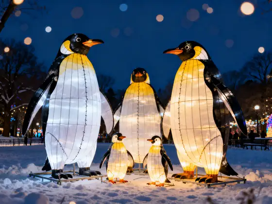 Familia de pingüinos luminosos LED sobre nieve