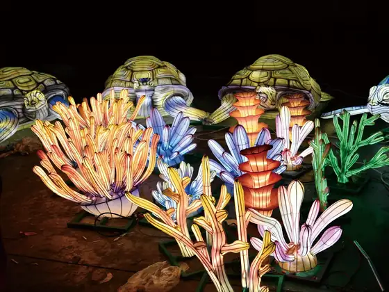 Tortugas marinas luminosas LED entre corales de luz