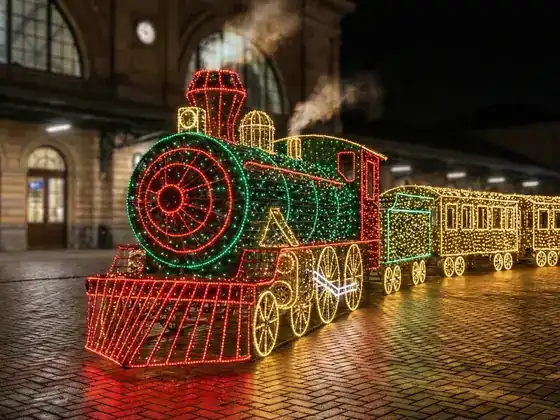 Locomotora y vagones luminosos LED en un recorrido de luces