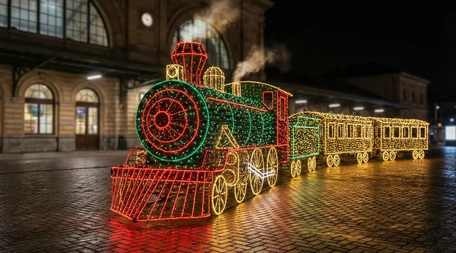 Locomotora y vagones luminosos LED en un recorrido de luces