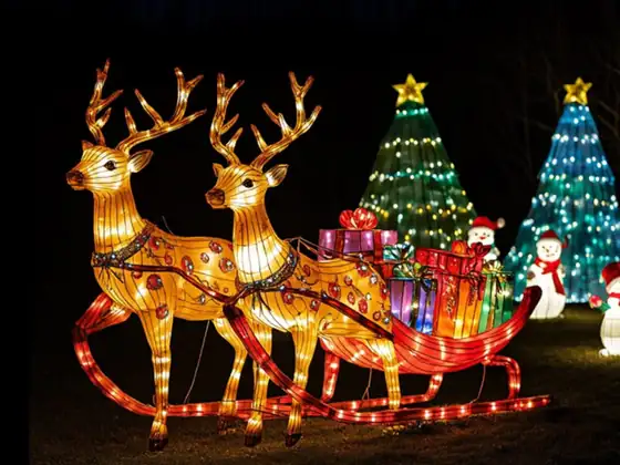 Trineo con renos dorado luminoso LED