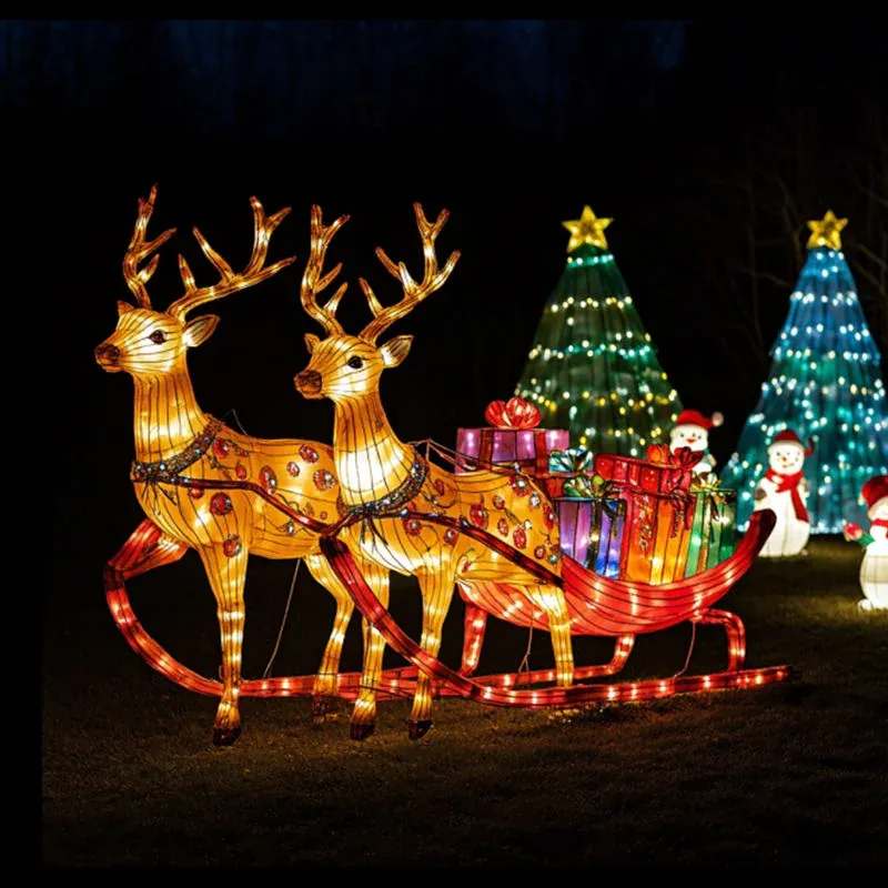 Trineo con renos dorado luminoso LED